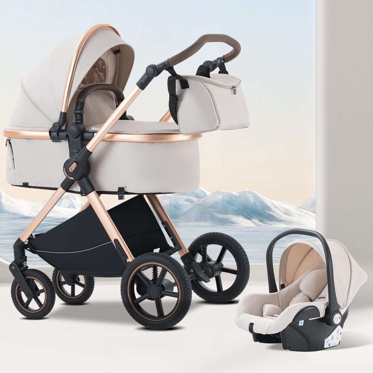 BEBBY 3-in-1 Kinderwagen KombiKinderwagen-Set 2-in-1 Buggy faltbar Luxus Hochlandschaft Neugeborenes Tragbarer Kinderwagen Zusammenklappbarer Kinderwagen Kinderwagen Travel System (D2-DEEPGREY)