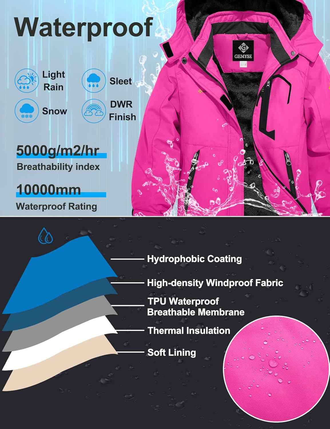 Gemyse Boys' Waterproof Ski Jacket, Windproof Fleece Jacket, Outdoor Winter Jacket, Rain Jacket with Hood