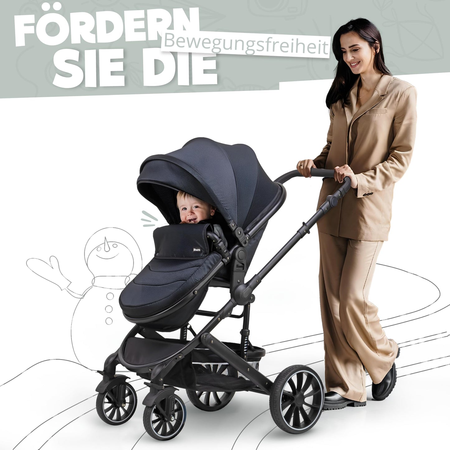 Pixini Neyla Combi Pushchair with Accessories (3-in-1 Set with Baby Seat Black/Black)