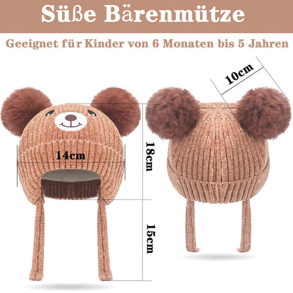 KEELYY Baby Mütze Beanie Strickmütze Herbst Wintermütze Süßer Hut mit Earflap und Bindebändern Warm Hat für Jungen Mädchen