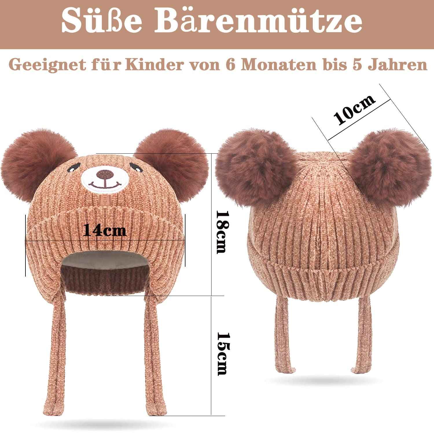 KEELYY Baby Mütze Beanie Strickmütze Herbst Wintermütze Süßer Hut mit Earflap und Bindebändern Warm Hat für Jungen Mädchen