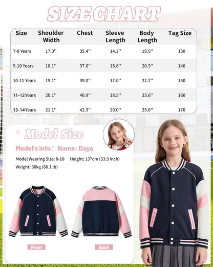 Rolanko Girls Baseball Jacket Boys Varsity Style Sweat Jacket with Pockets for School Bomber Coat for Children 