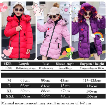 Girls' Winter Jacket Children's Winter Coat Thick Quilted Jacket Long Warm Parka Cotton Jacket Outdoor Coat with Fur Hood and Love Embroidery Print