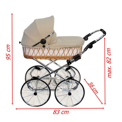 EICHHORN Kinderwagen Wicker Basket Doll's Pram Retro Toy Classic (Basket Natural, Fabric Navy Blue)