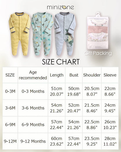 Minizone Baby Schlafstrampler 3er Pack, Pyjamas Langarm Strampler Jungen Mädchen Geschenk 9-12 Monate