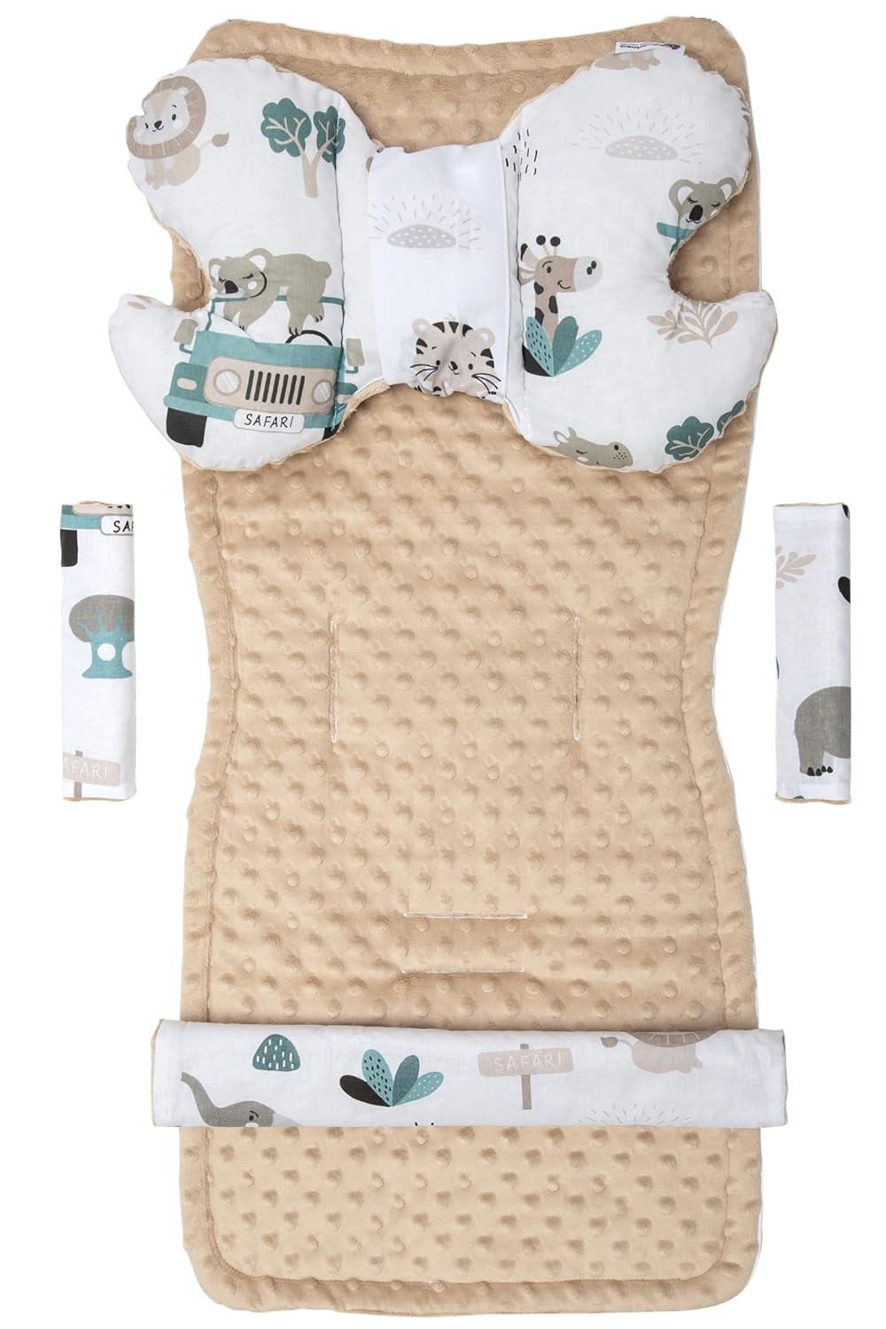 Sitzauflage Kinderwagen Buggy Baby Sommer Kindersitz Einlage Universal - 5tgl Gurtpolster + Spielbogen Kinderwagenset Babyschale (Safari mit beige Minky)