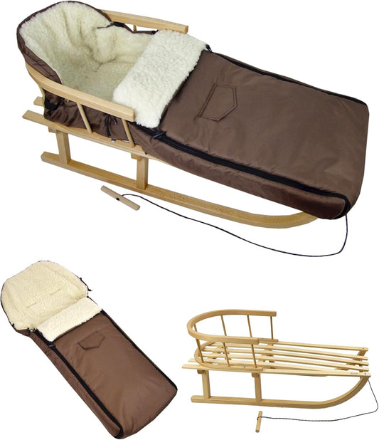 Bambiniwelt Combination Offer Wooden Sledge with Backrest and Pull Rope + Universal Winter Foot Muff (108 cm), Also Suitable for Baby Seat, Pushchair, Buggy, Made from Wool Uni
