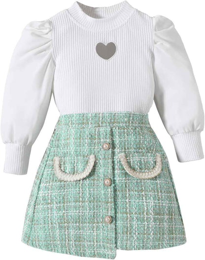 UUAISSO Kleinkind Baby Mädchen Kleidung Langarm Gerippte Oberteile Plaid Tweed Muster Rock Baskenmütze Herbst Knopf Outfits Sets