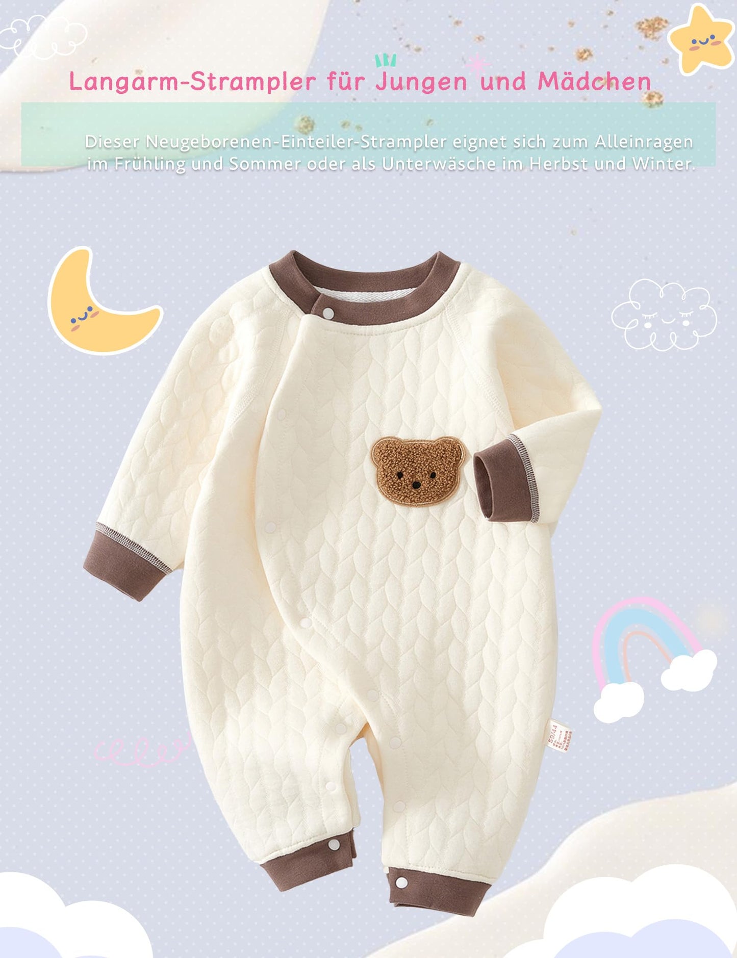 Neugeborener Unisex Strampler, Langarm-Overall, 100 % Baumwolle, weich und bequem, für Babys, Oberbekleidung und Nachtwäsche, geeignet für alle Jahreszeiten
