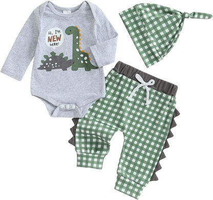 Hallo Ich bin neu hier Neugeborene Baby Jungen Kleidung Set Dinosaurier Print Langarm Bodysuit und Hosen Baumwolle Baby Kleidung Set Herbst Winter Kleidung Sets für Baby Jungen Outfits