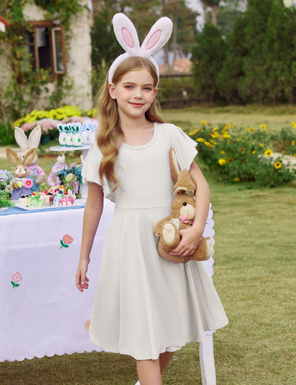 Arshiner Kleider für Mädchen Schmetterlingsärmel Kleid Kinder A-Line Swing Kleid Rundhals Sommerkleid Baumwollekleid Festlich Partykleid Hochzeit Lässige Kinderkleidung mit Tasche