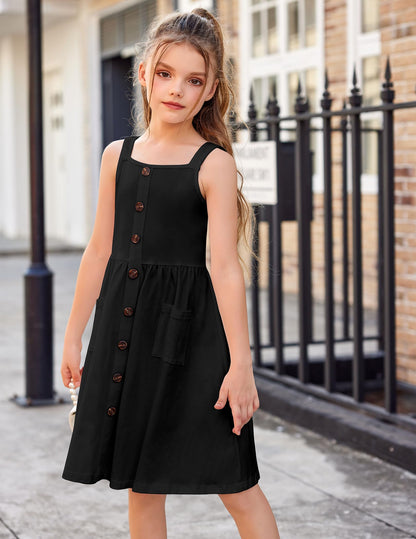 Arshiner Mädchen Kleider Ärmelloses Kinderkleid Knopfleiste Trägerkleid Sommer Baumwolle Swingkleid Festliches A-Linie Freizeitkleid Elegant Kleid für Mädchen 5-14 Jahre