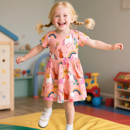 FILOWA Kleider für Mädchen Kinder Einhorn Blumen Stickerei Herz Druck Tier Sommerkleid Cartoon Kinderkleider Embroider Baumwolle Mädchenkleid Lange/Ärmellos Lässige Geburtstag Kinderkleidung,Gr.92-128