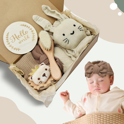 YTACREA Schmusetuch Baby, Baby Geschenk Mädchen Junge Personalisierte Geschenk Neugeborenen mit Schmusetuch, Lätzchen, Turban, Meilensteinkarten, Bürsten und Socken, Khaki