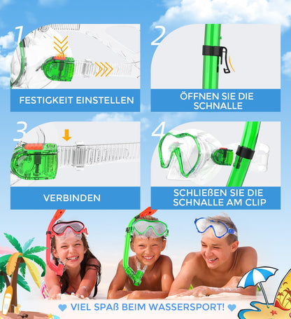 Sporzin Children's Diving Goggles Snorkel Set - Snorkel with Dry Snorkel Mask 180° Panoramic View HD and Anti-Fog Silicone Diving Mask and Swimming Goggles with Ear Plugs 4-12 Years