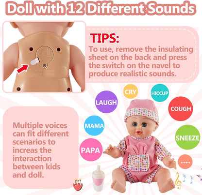 HERSITY Babypuppen Spielset mit 12 Ton und Automatisches Öffnen und Schließen Augen, Puppen Kleider Doktorkoffer Kinder, Lernspielzeug Rollenspiele 2 3 Jährige Mädchen
