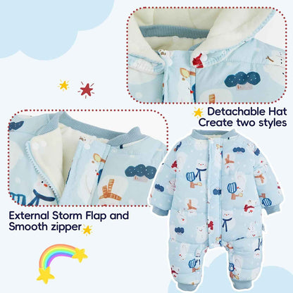 JiAmy Baby Snowsuit, Toddler Winter Romper Girls Boys Winter Jumpsuit with Hood Long Sleeve Jumpsuit Cute Prints for 3-24 Months