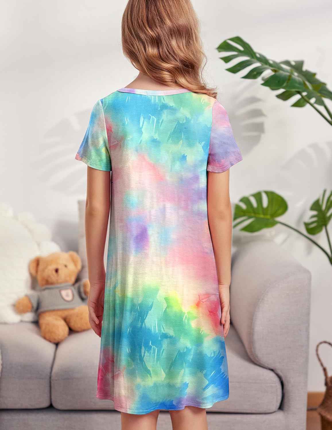 Arshiner Nightdress Girls Short Sleeve Pyjamas Children's Sleep Dress Cat Unicorn Crew Neck Night Dress 4-12 Years