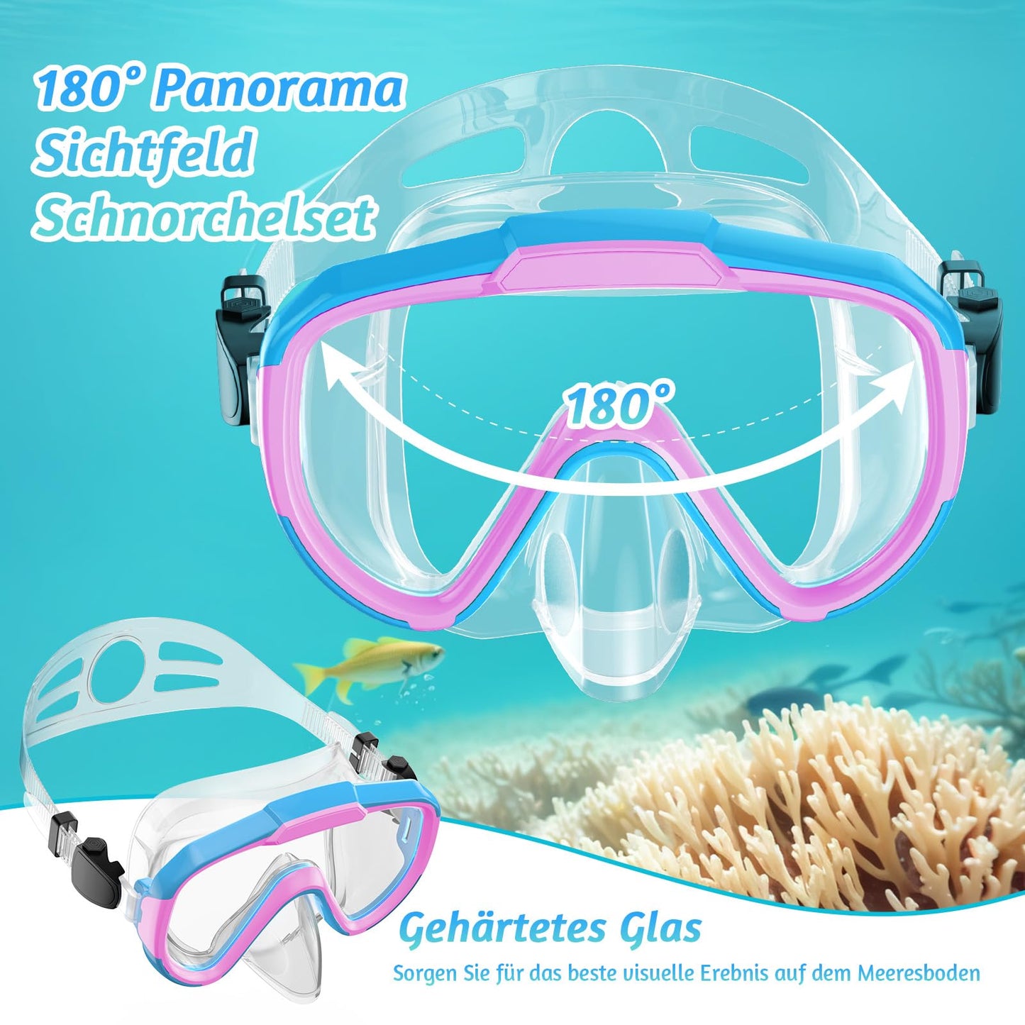 Lealinga Children's Snorkel Set with 180° Anti-Fog Panoramic Wide View Diving Mask and Dry Snorkel Snorkelling Set, Anti-Leak Snorkel Mask with Nose Protection for Boys and Girls