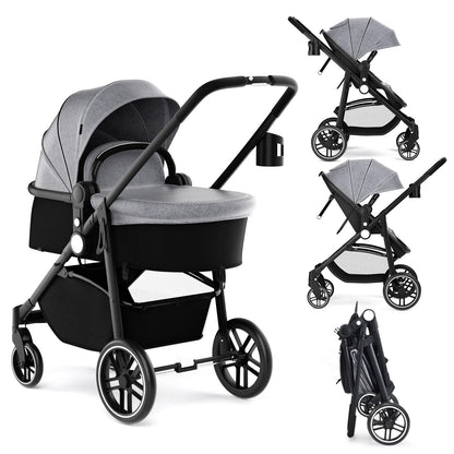 DREAMADE Kinderwagen klappbar, 3 in 1 Buggy mit umkehrbarem Sitz, Verdeck, Aufbewahrungskorb, Becherhalter & 5-Punkt-Sicherheitsgurt, Reisebuggy für Baby 0-6 Monate (Schwarz)