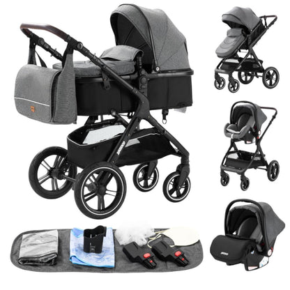 YAZOCO Kompakter 3 in 1Kinderwagen Anstout Terrain Luxus Hohe Landschaft Vierfacher Kinderwagen 0-36kg Faltbarer Gehstock Baby Kinderwagen Komfort Autositz Zubehör (Schwarz)