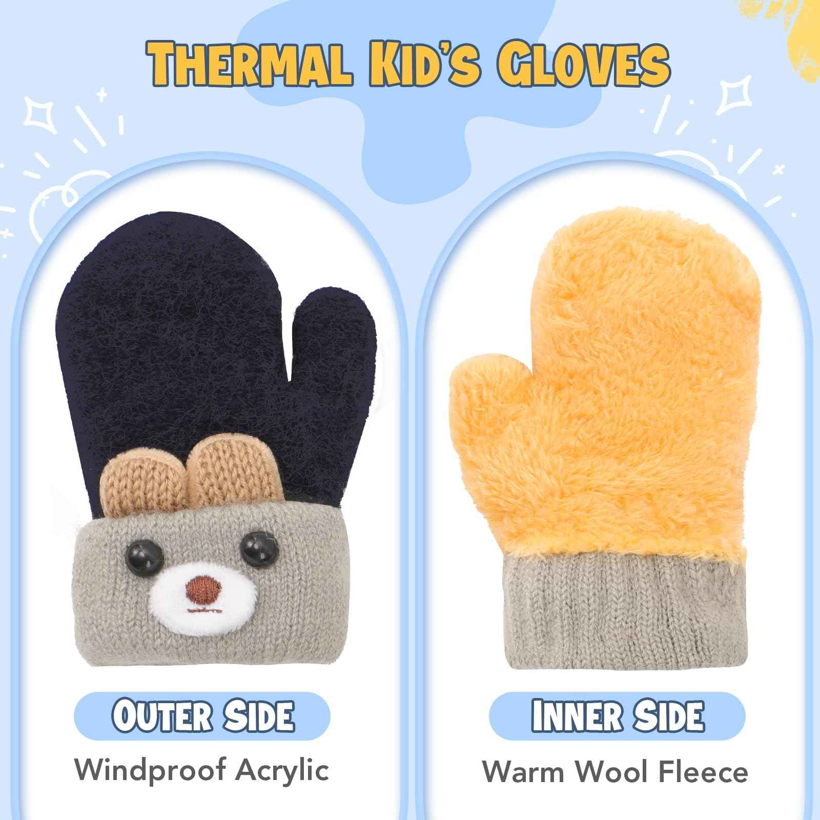Becellen Fäustlinge Baby, Warme Weiche Kleinkind Strickhandschuhe mit Schlüsselband Niedliche Cartoon-Musterdesign Fäustlinge Baby Doppelt Winter Handschuhe für 0-3 Jahre Jungen Mädchen