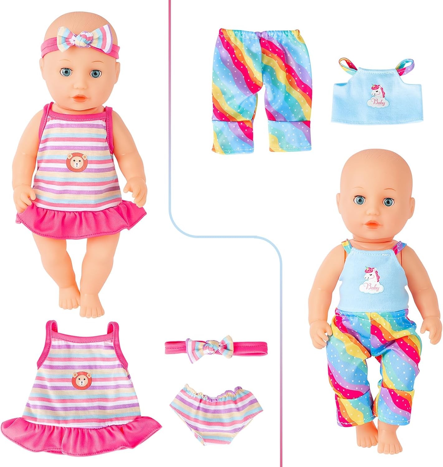 deAO Puppenkleidung Set für 36 cm Babypuppen, 14 Zoll Puppen Kleidung Outfit Zubehör Kleider, Hosen, Badeanzug, Geschenk für Rollenspiele ab 3 Jahre Mädchen(Puppe Nicht inklusive) | 7 Stück
