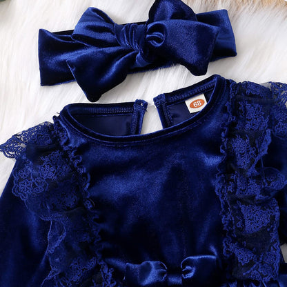 Baby Dress Girls Long Sleeve Lace A Line Princess Velvet Dress + Headband Wedding Festive Autumn Winter Clothing