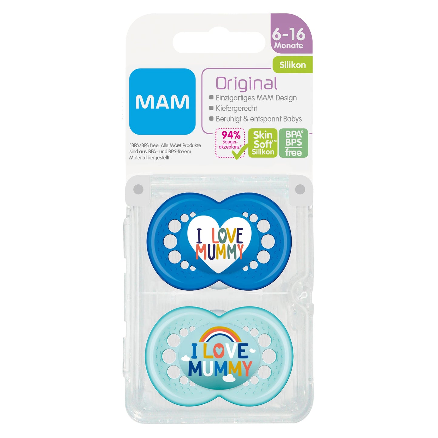 MAM Original Schnuller im 2er-Set, zahnfreundlicher Baby Schnuller aus nachhaltigen & bio-erneuerbaren Materialien, Sauger aus MAM SkinSoft Silikon, mit Schnullerbox, 6-16 Monate, rosa/lila