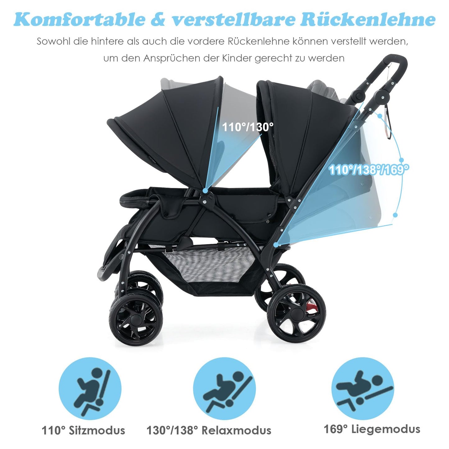 COSTWAY Folding Double Pushchair, Twin Pushchair with Adjustable Backrest and Hood, Travel Buggy with Reclining Function, Twin Buggy Pushchair for Baby from 6 Months, 30 kg Load Capacity (Grey)
