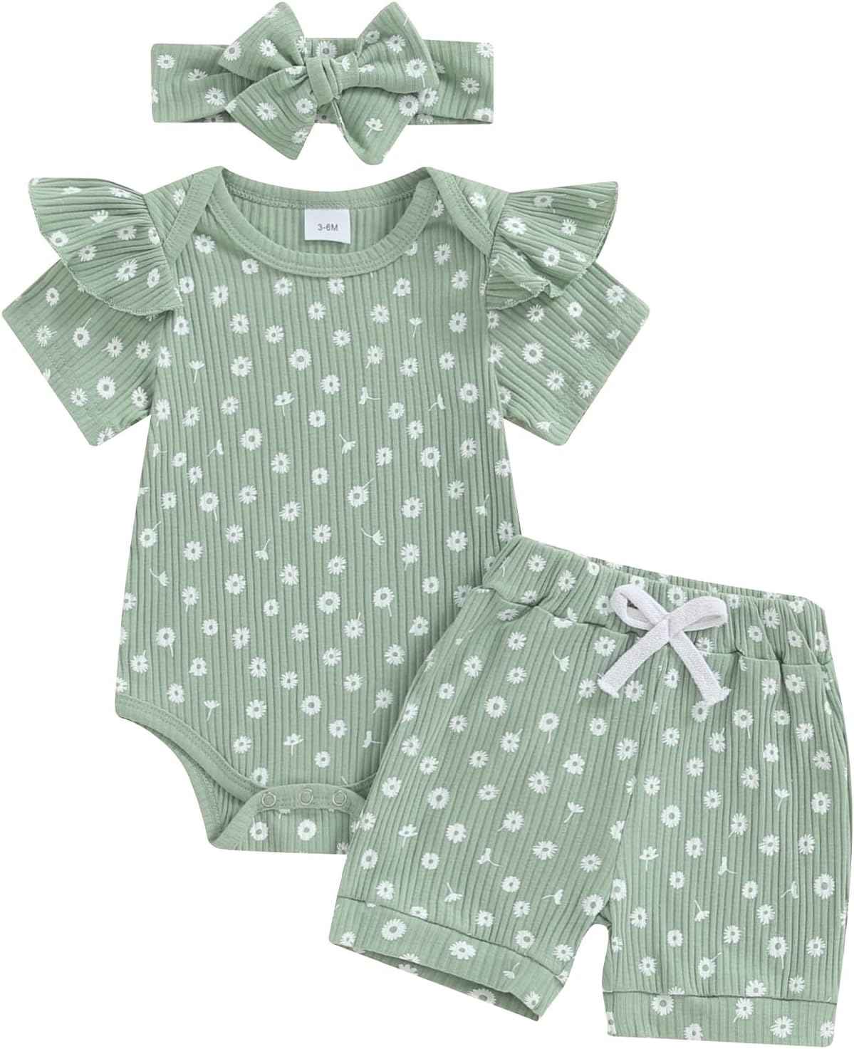 Beauace 3-Piece Baby Girls' Summer Clothing Set Ruffle Short Sleeve Romper + Ruffle Shorts + Headband Baby Set Soft Newborn Going Out Outfit
