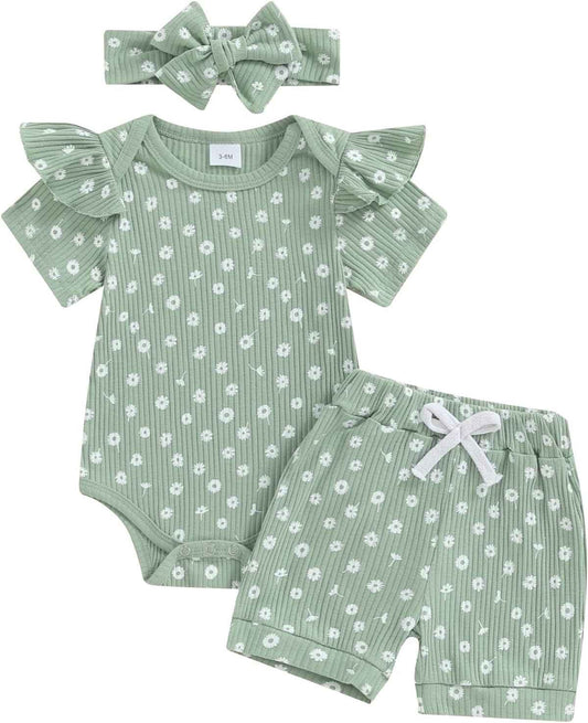Beauace 3-Piece Baby Girls' Summer Clothing Set Ruffle Short Sleeve Romper + Ruffle Shorts + Headband Baby Set Soft Newborn Going Out Outfit