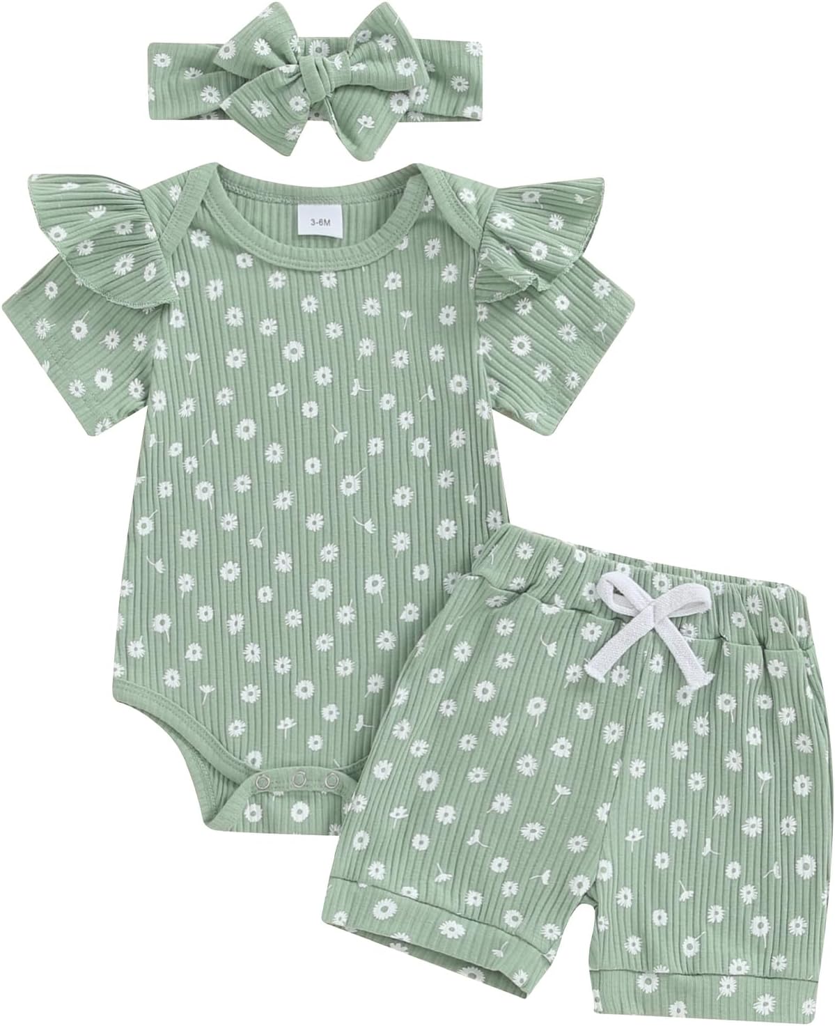 3tlg Baby Mädchen Sommer Kleidung Set Rüschen Kurzarm Strampler + Rüschen Shorts + Stirnband Babyset Weiche Neugeborene Ausgehen Outfit