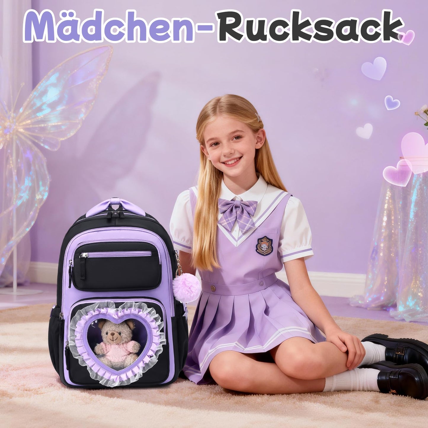 Schulrucksack Mädchen Herzdesign 22L mit Gepäckgurt für Schule | Spitze & Schleifendetails, Ergonomische 3D-Rückenpolsterung, wasserabweisendes Polyester, zahlreiche getrennte Fächer