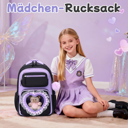 Schulrucksack Mädchen Herzdesign 22L mit Gepäckgurt für Schule | Spitze & Schleifendetails, Ergonomische 3D-Rückenpolsterung, wasserabweisendes Polyester, zahlreiche getrennte Fächer