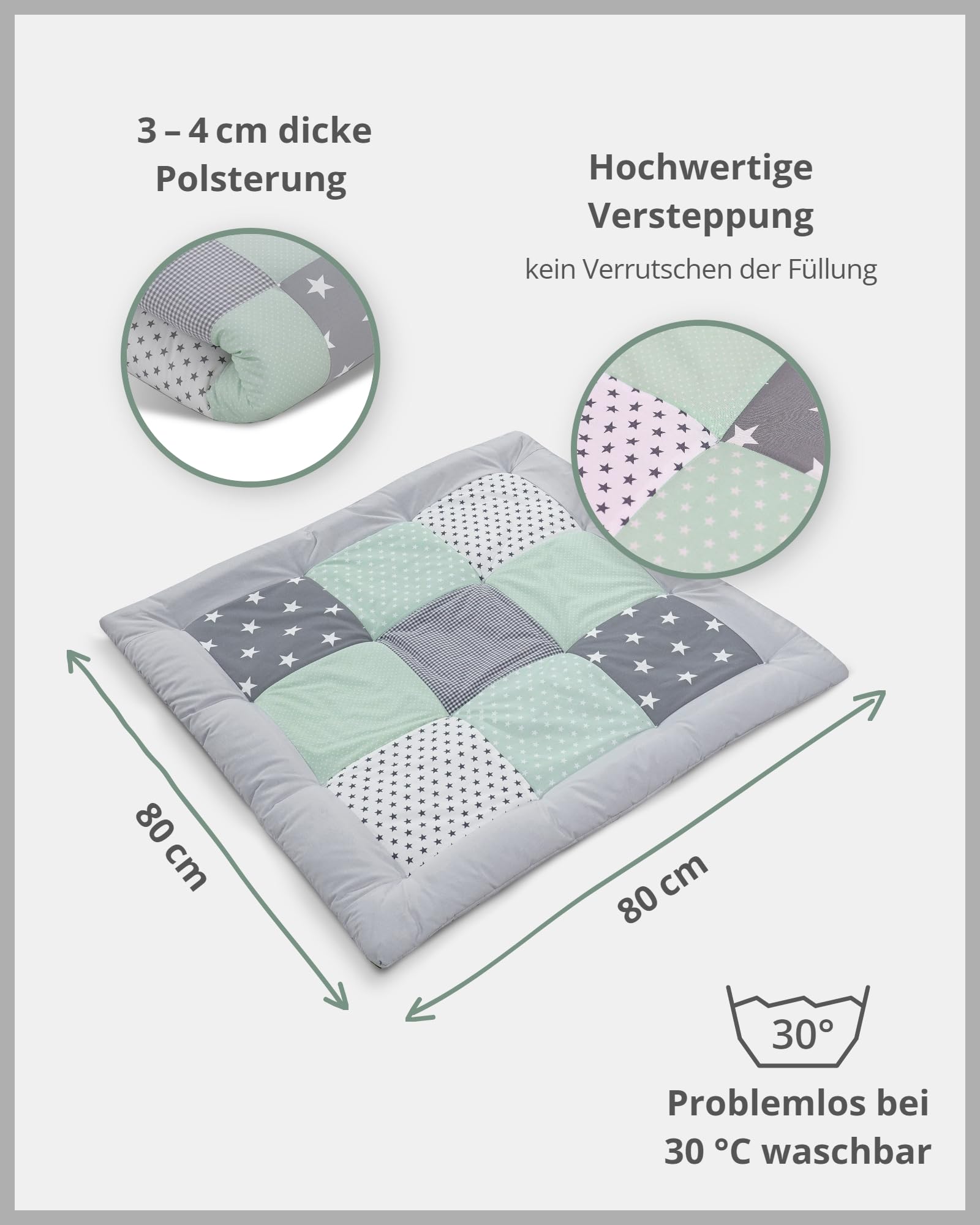 ULLENBOOM Krabbeldecke für Baby 80x80 cm, Outdoor-geeignet, 100% OEKO-TEX Materialien, Made in EU, Weich gepolstert, Eukalyptus - ideal als Spieldecke Baby - Meloni2