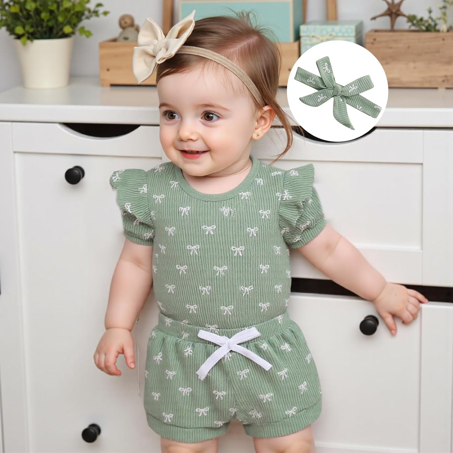 3tlg Baby Mädchen Sommer Kleidung Set Rüschen Kurzarm Strampler + Rüschen Shorts + Stirnband Babyset Weiche Neugeborene Ausgehen Outfit