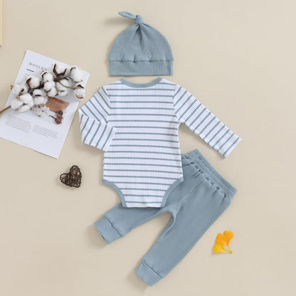 Baby Jungen Kleidung Gestreifter Body Strampler Langarm Top + Hose + Hut Baby Kleidung Set Baumwolle Weiche Kleidung Set für Neugeborene Kleinkinder 0-18 Monate