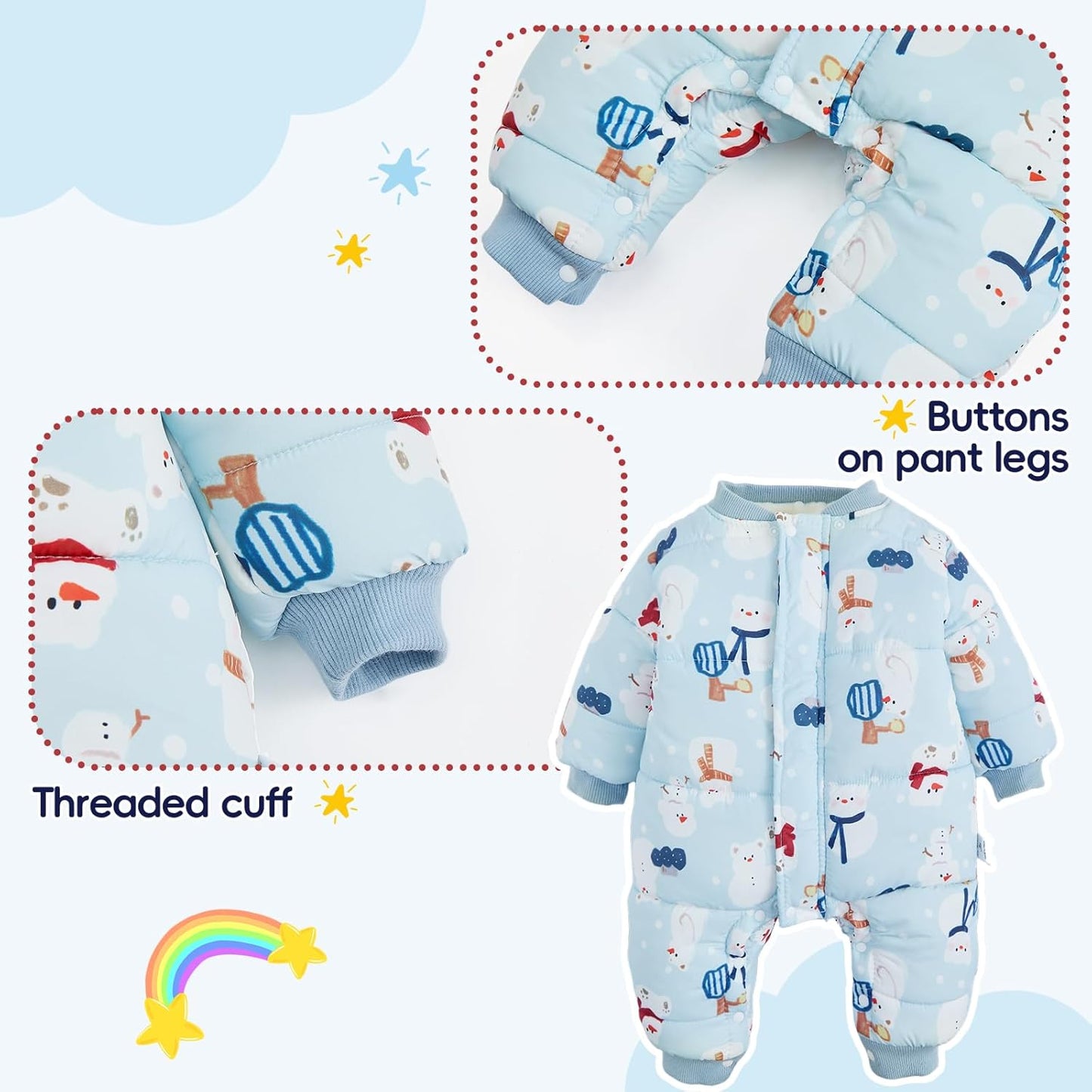 JiAmy Baby Snowsuit, Toddler Winter Romper Girls Boys Winter Jumpsuit with Hood Long Sleeve Jumpsuit Cute Prints for 3-24 Months