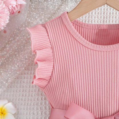 Codkkre Mädchen Kleid Blumen Bowknot Kinder Kleider Rüschenärmel A-Linie Mädchen Kleid Sommer Ostern Mädchen Kleid Rundhals 104 110 116 122 128