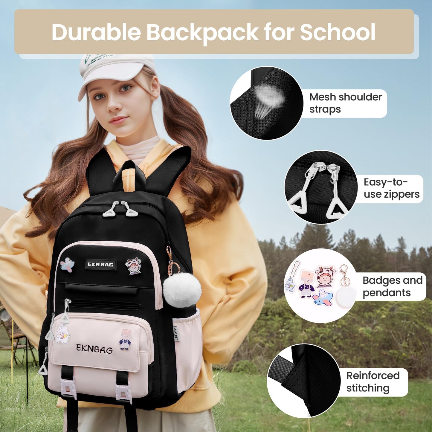 Tanou Schulrucksack Mädchen Schulranzen Kinder der 3.-7. Klasse, Rosa | Große Kapazität Schulrucksack Teenager, Leichter Nylon Mädchen Schultasche für Schule Reisen
