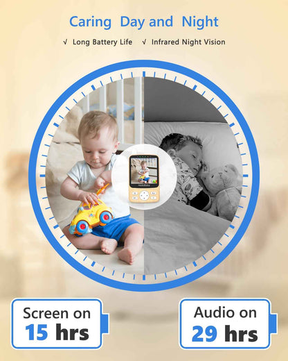 HelloBaby Baby Monitor with Camera, 29 Hours Battery Life, 355°/120° Baby Monitor with Remote Controlled Pan-Tilt Camera, 2x Zoom, Infrared Night Vision Camera, Eco Mode, Up to 305 m, 2-Way Audio