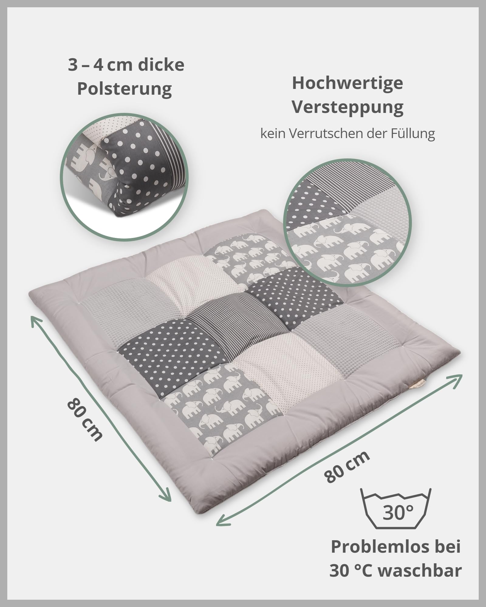 ULLENBOOM Krabbeldecke für Baby 80x80 cm, Outdoor-geeignet, 100% OEKO-TEX Materialien, Made in EU, Weich gepolstert, Eukalyptus - ideal als Spieldecke Baby - Meloni2