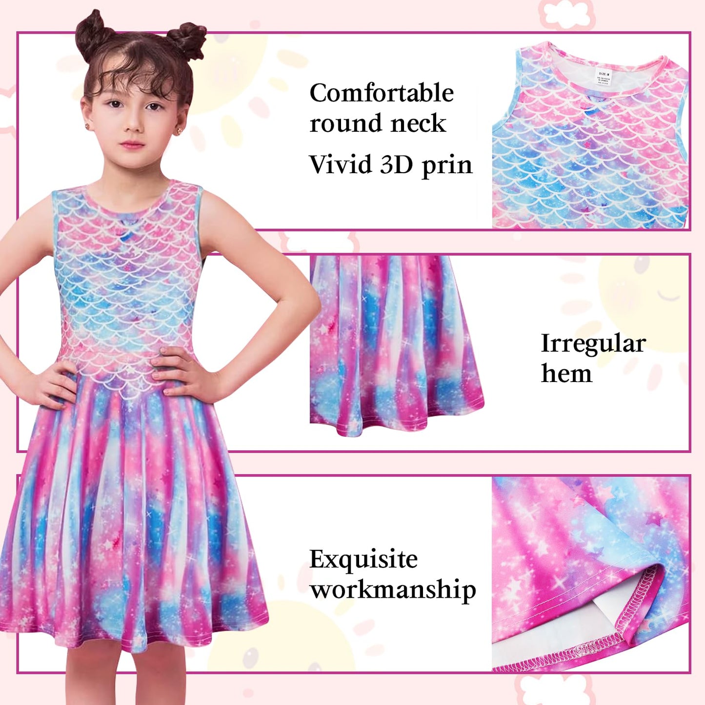 kids4ever Mädchen Kleid Ärmellos Sommerkleid Rundhals A-Linie Swing Kleid Meerjungfrau Galaxie Prinzessin Party Geburtstag 4-12 Jahre