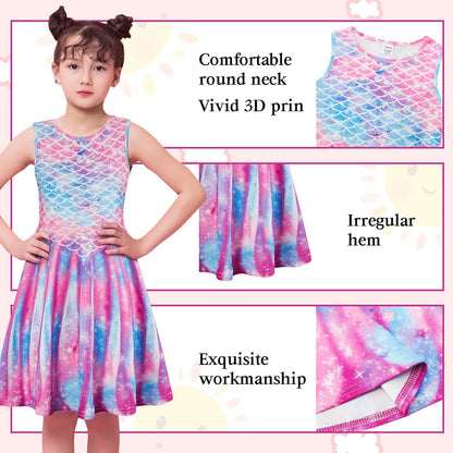 kids4ever Mädchen Kleid Ärmellos Sommerkleid Rundhals A-Linie Swing Kleid Meerjungfrau Galaxie Prinzessin Party Geburtstag 4-12 Jahre