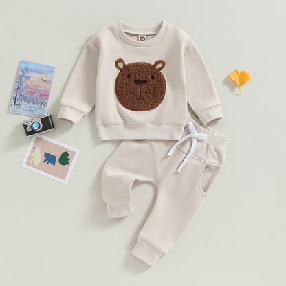 Carolilly Baby Suit 2-Piece Clothing Outfit Baby Clothing Set Cute Long Sleeve Sweatshirt Embroidered Bear + Long Trousers Warm Children's Suit Autumn Spring