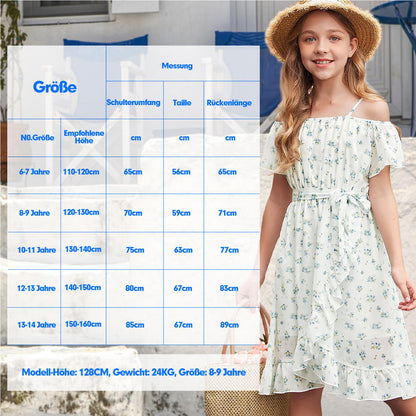 cenozo Casual Dresses for Girls, Chiffon Floral Dress, Off-the-Shoulder Summer Dress with Adjustable Straps, Leisure with Ruffle Sleeves, for Girls Aged 6 to 14 Years