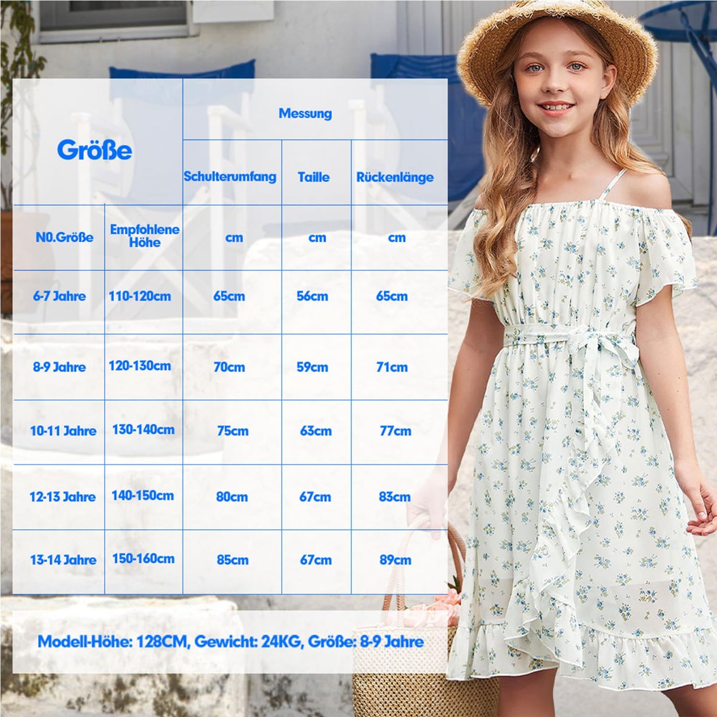 cenozo Casual Dresses for Girls, Chiffon Floral Dress, Off-the-Shoulder Summer Dress with Adjustable Straps, Leisure with Ruffle Sleeves, for Girls Aged 6 to 14 Years