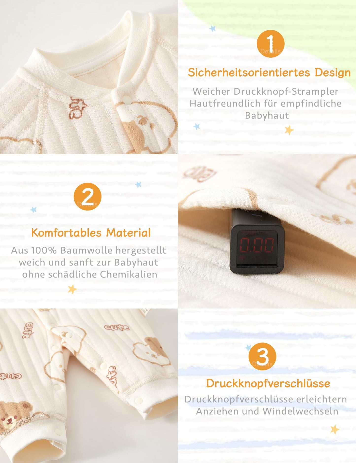 Neugeborener Unisex Strampler, Langarm-Overall, 100 % Baumwolle, weich und bequem, für Babys, Oberbekleidung und Nachtwäsche, geeignet für alle Jahreszeiten