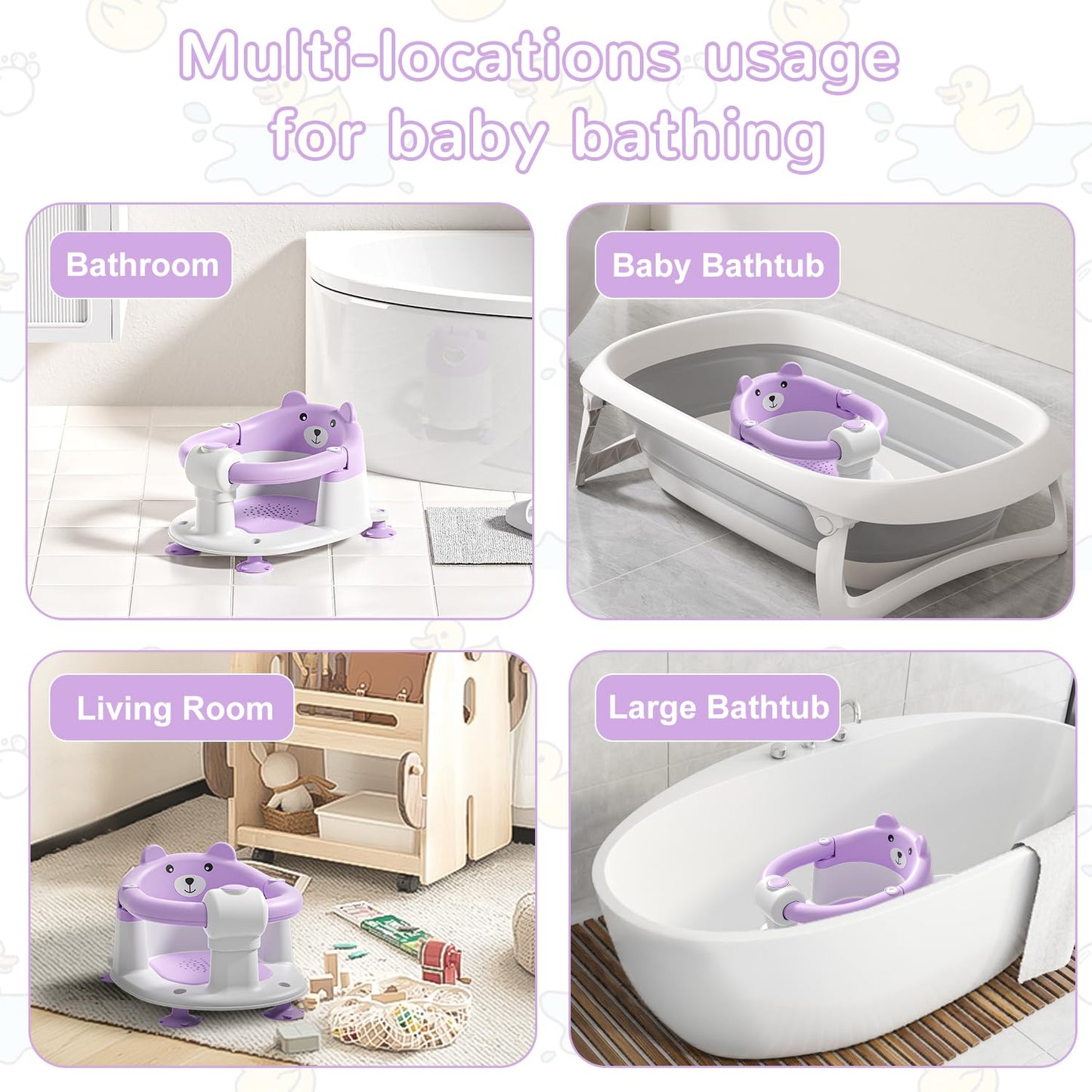 Baby Bath Seat from 6 Months, Bear Non-Slip Bath Seat Baby with 4 Suction Cups and Cushions for Toddlers and Newborns, Safe Portable Bath Chair for Shower or Bathtub, Pink